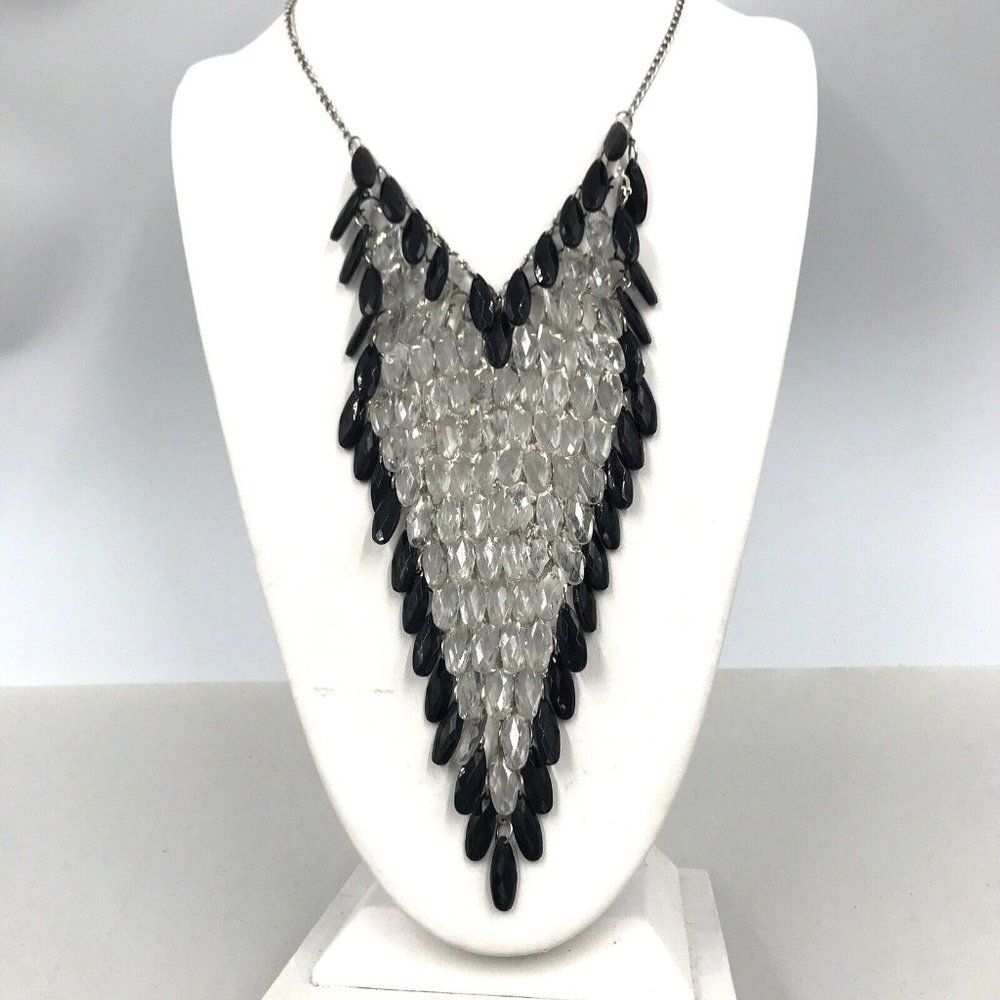 Chain Black‎ Clear Tear Drop Beads Fringe Necklace 20” BIB Statement
